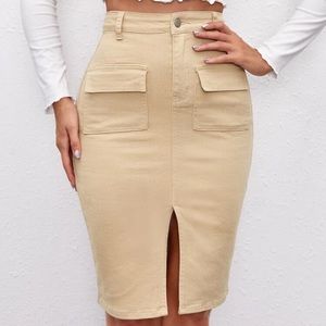 Tan double pocket knee length skirt